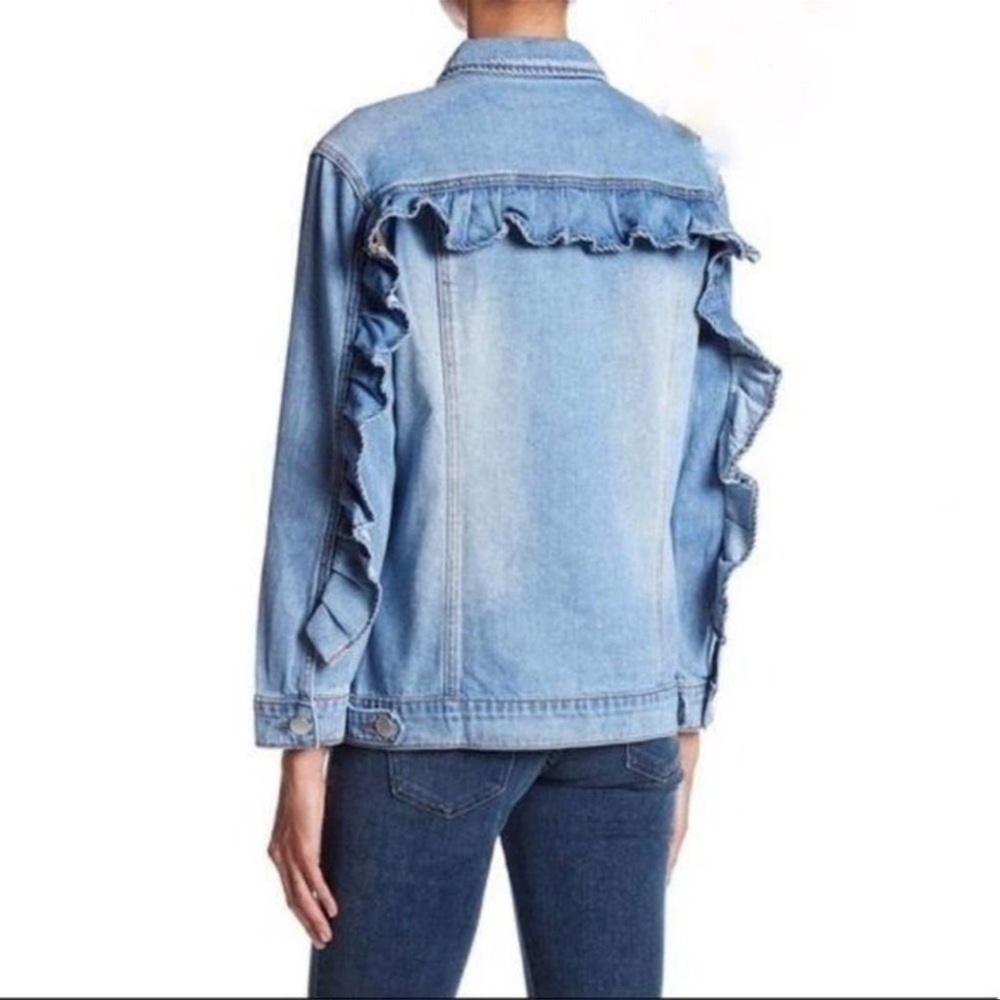 Ashley Mason denim jeans jacket with ruffle detail light wash look Sz M